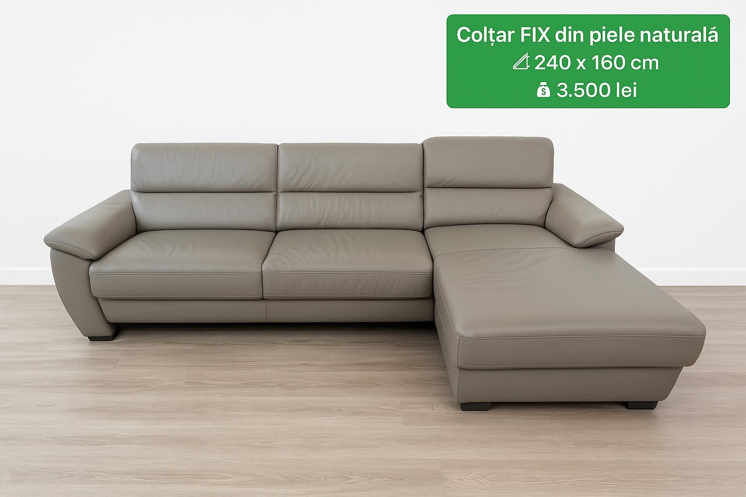 Colțar fix din piele naturală, gri-bej — imagine de prezentare