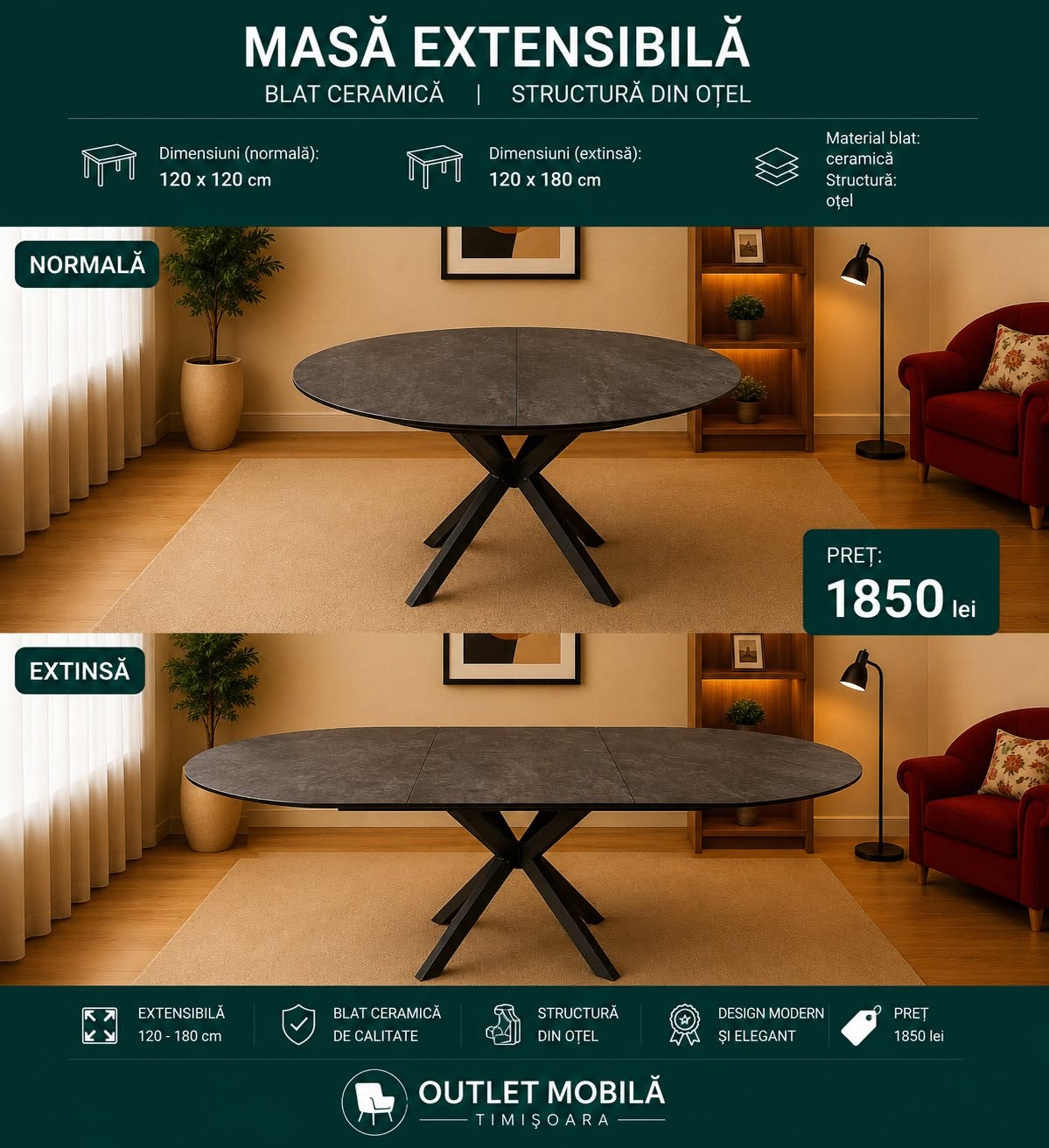 Masă ceramică rotundă, extensibilă — Altă prezentare a modelului extensibil