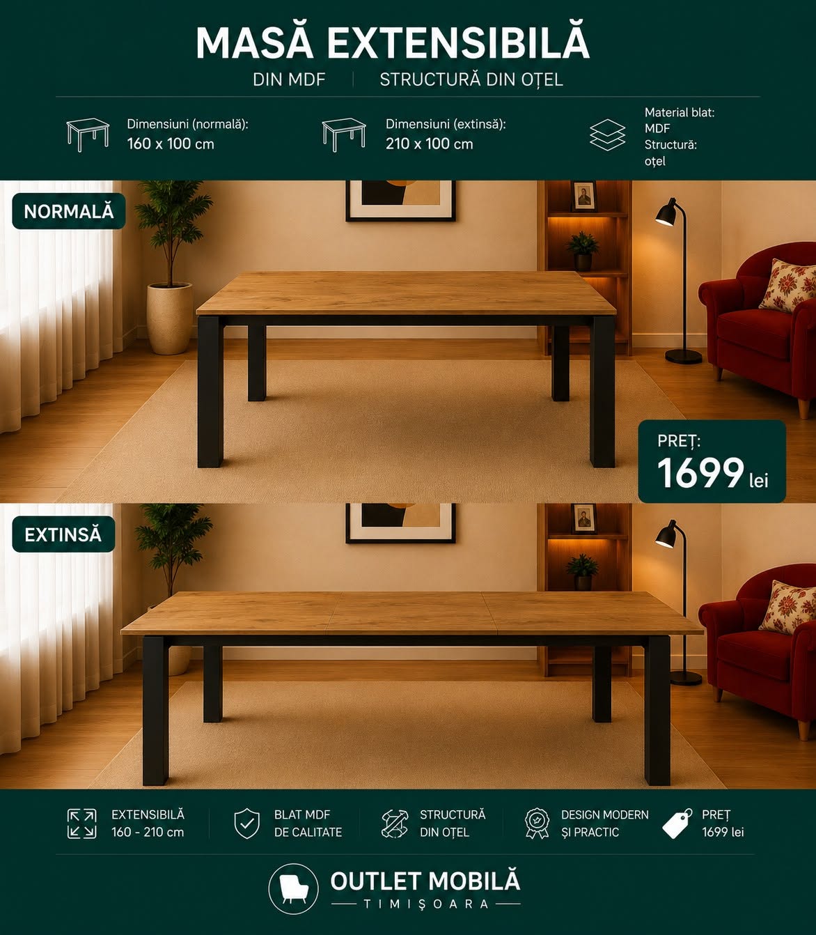 Masă MDF cu aspect de lemn 160–210 — imagine de prezentare