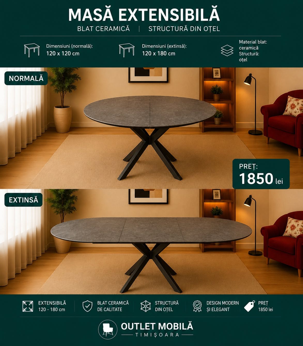 Masă ceramică rotundă, extensibilă — imagine de prezentare