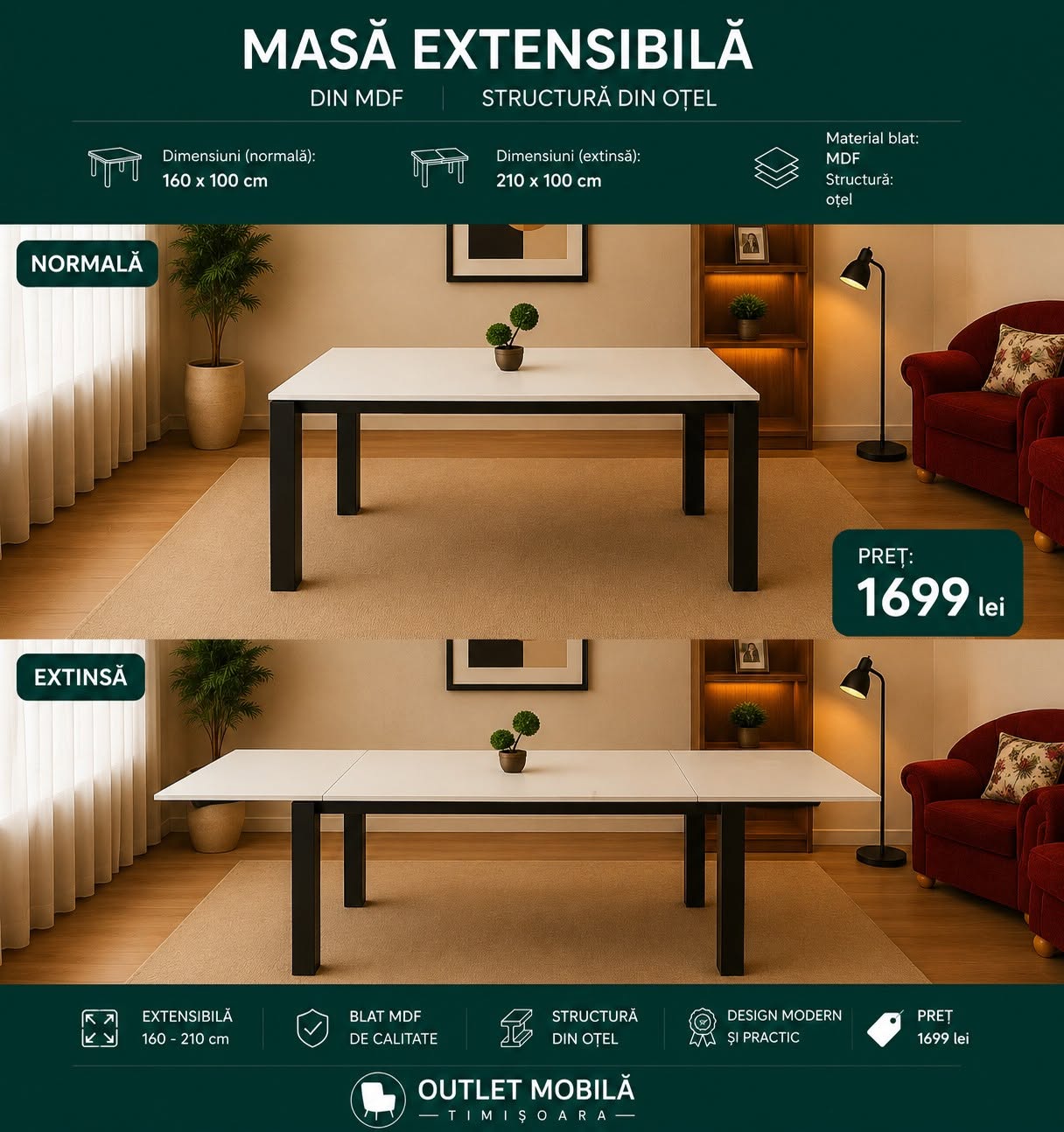 Masă MDF albă extensibilă 160–210 — imagine de prezentare