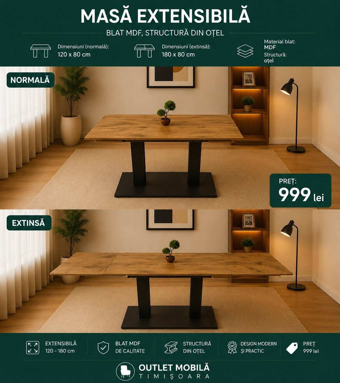 Masă MDF extensibilă 120–180 — imagine de prezentare