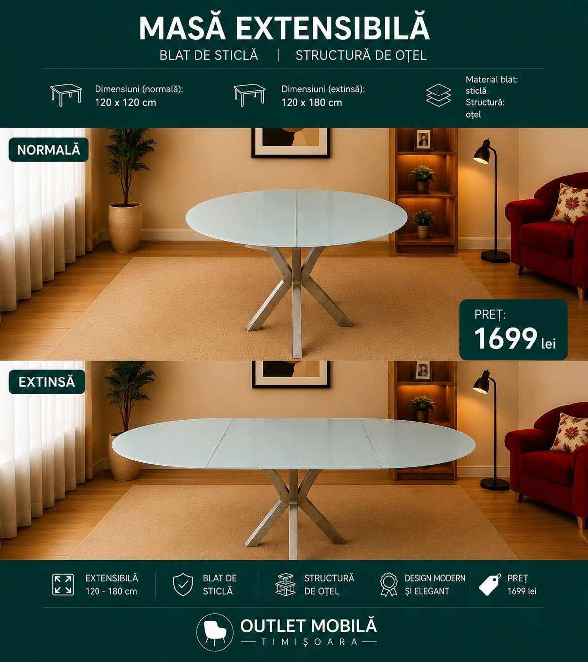 Masă rotundă din sticlă, extensibilă — imagine de prezentare