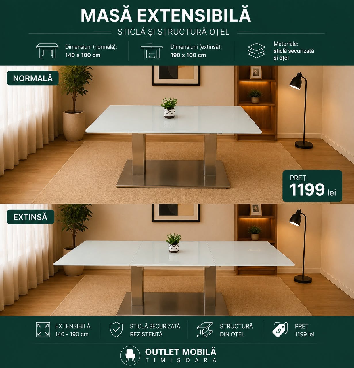 Masă din sticlă extensibilă 140–190 — imagine de prezentare