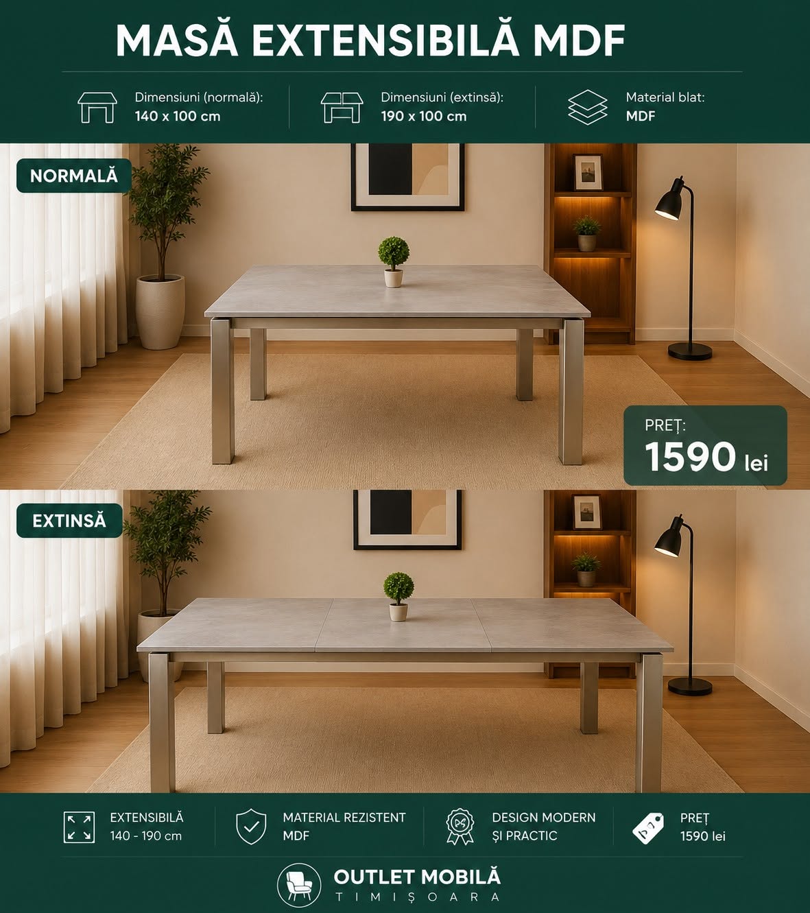 Masă MDF extensibilă 140–190 — imagine de prezentare