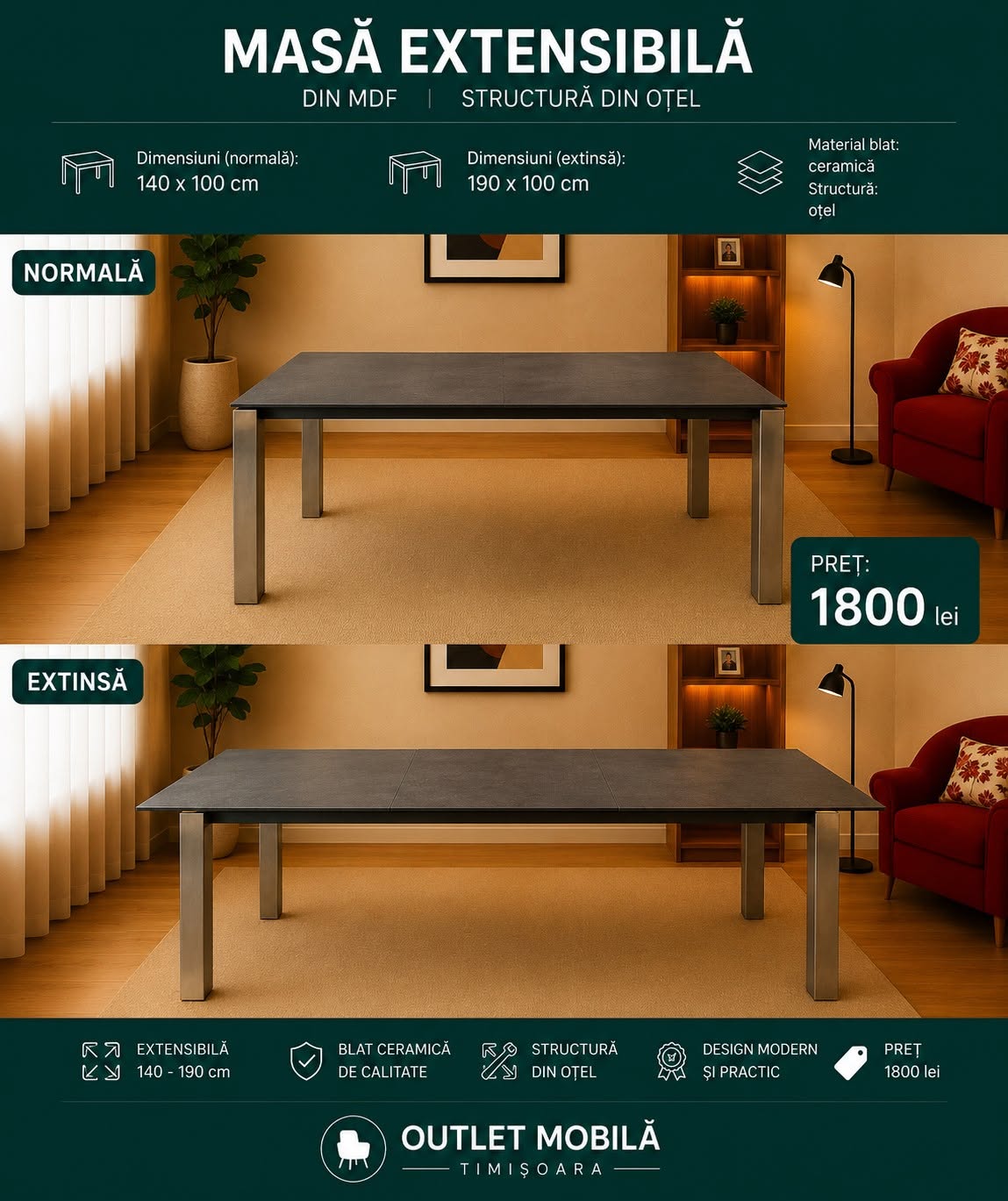 Masă extensibilă gri 140–190 — imagine de prezentare