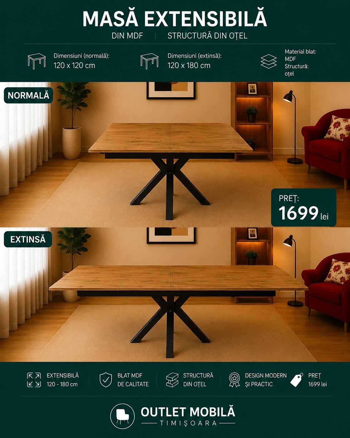 Masă MDF pătrată, extensibilă — imagine de prezentare