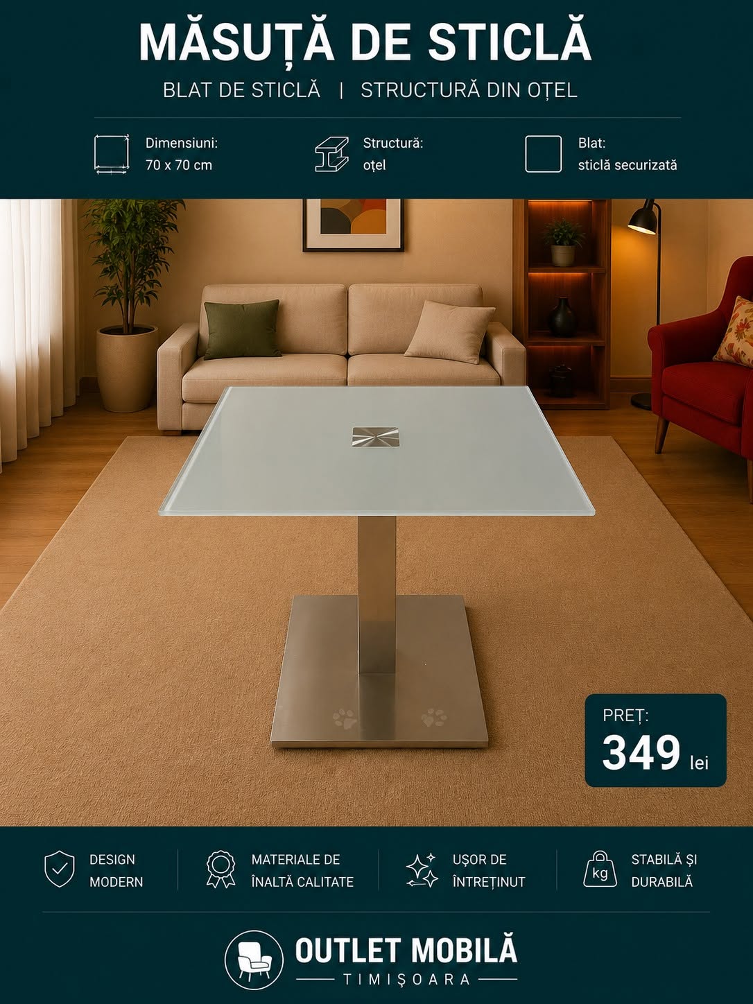 Măsuță din sticlă 70 × 70 — imagine de prezentare