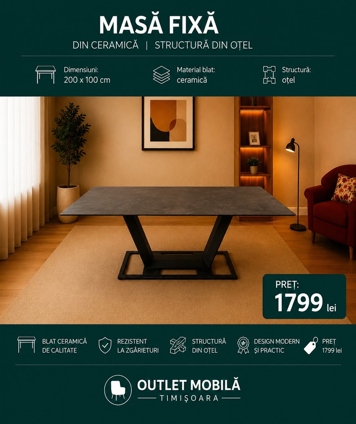 Masă fixă ceramică 200 × 100 — imagine de prezentare