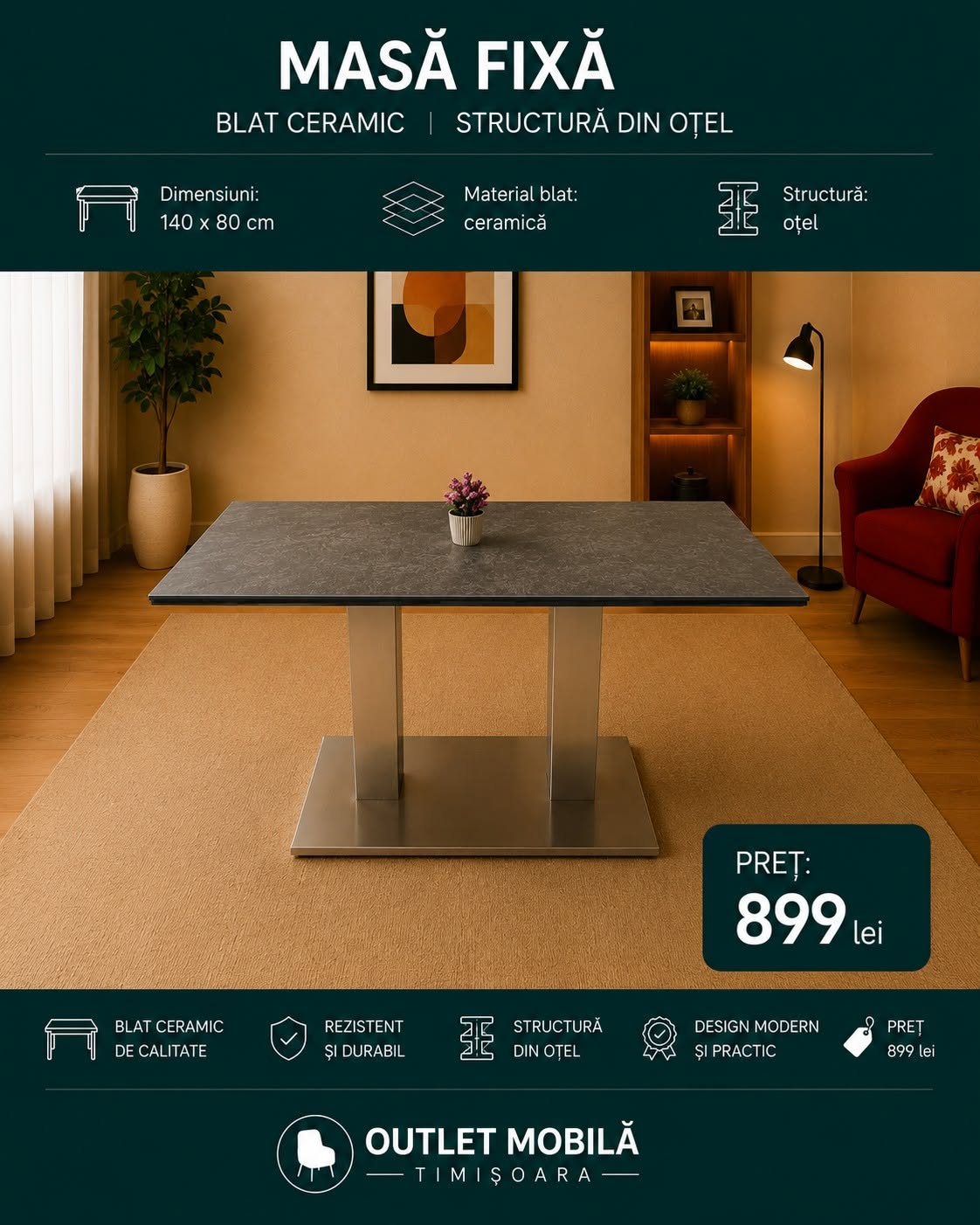 Masă fixă ceramică 140 × 80 — imagine de prezentare