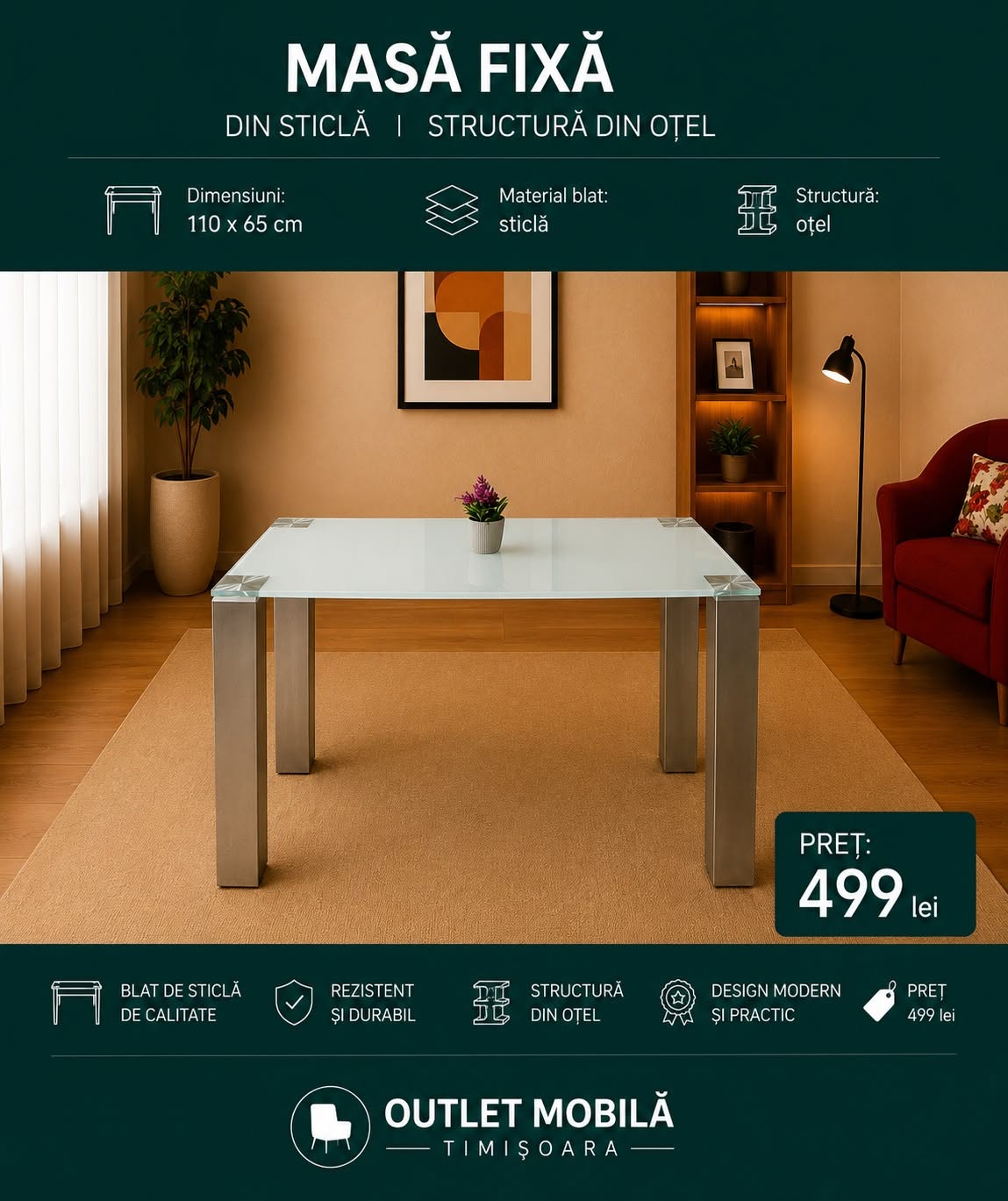 Masă fixă din sticlă 110 × 65 — imagine de prezentare
