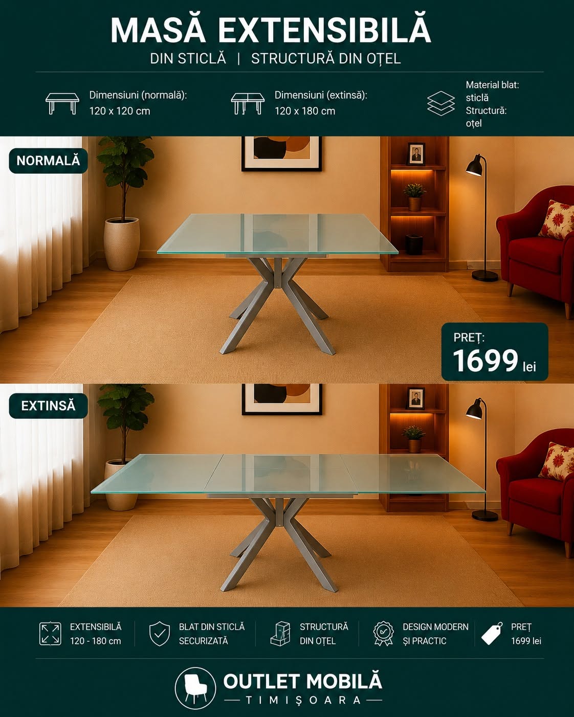 Masă pătrată din sticlă, extensibilă — imagine de prezentare
