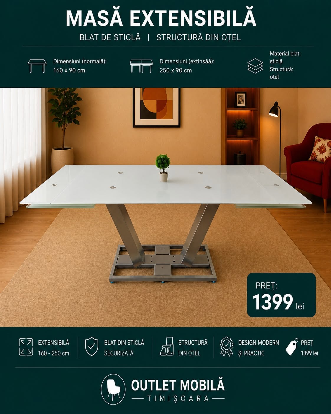 Masă din sticlă extensibilă 160–250 — imagine de prezentare