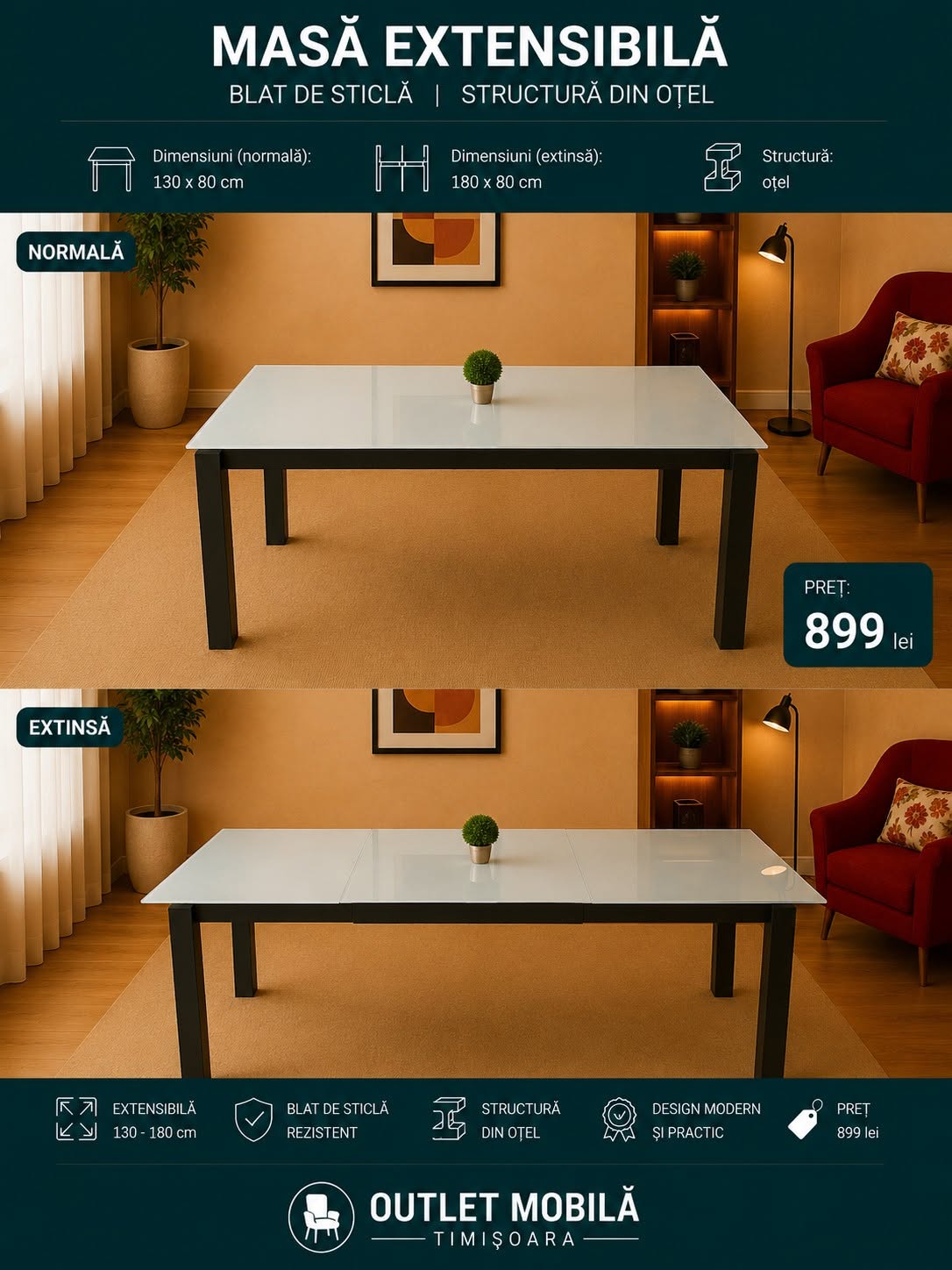Masă din sticlă extensibilă 130–180 — imagine de prezentare