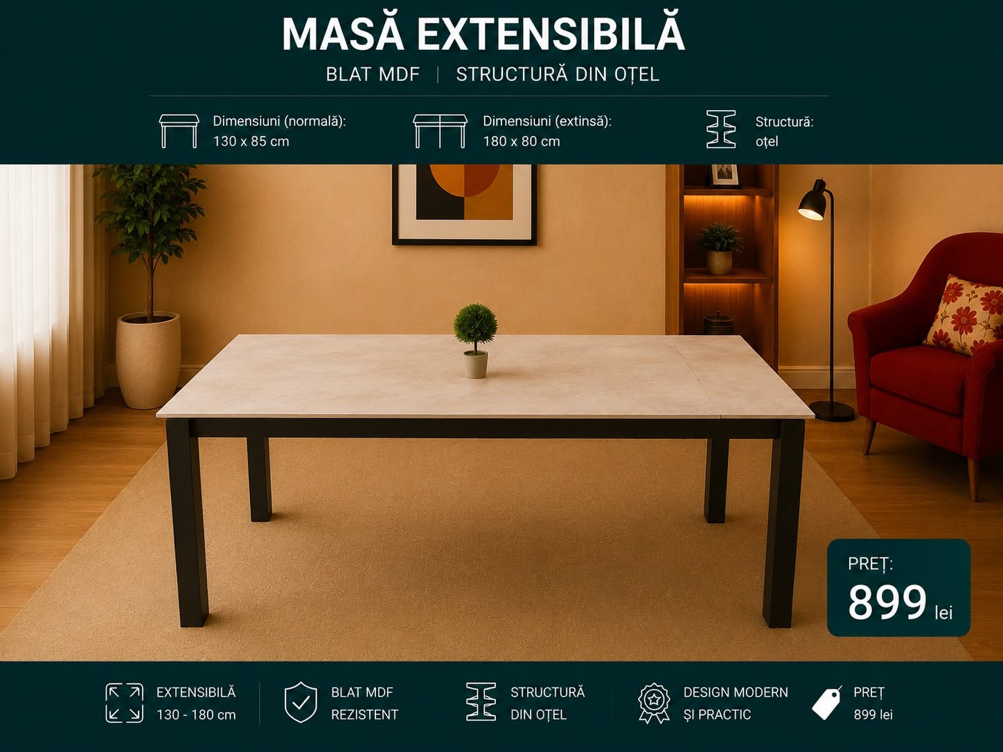 Masă extensibilă MDF — imagine de prezentare