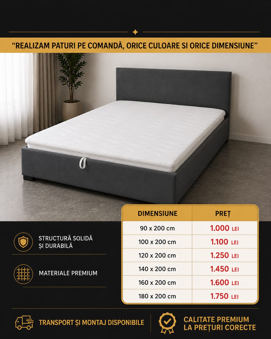 Pat matrimonial tapițat, cu saltea inclusă, realizat pe comandă
