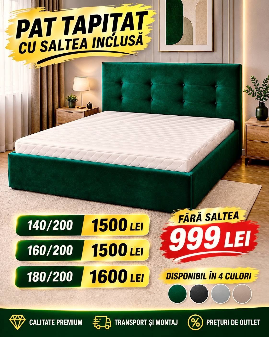 Pat tapițat cu saltea inclusă — imagine de prezentare